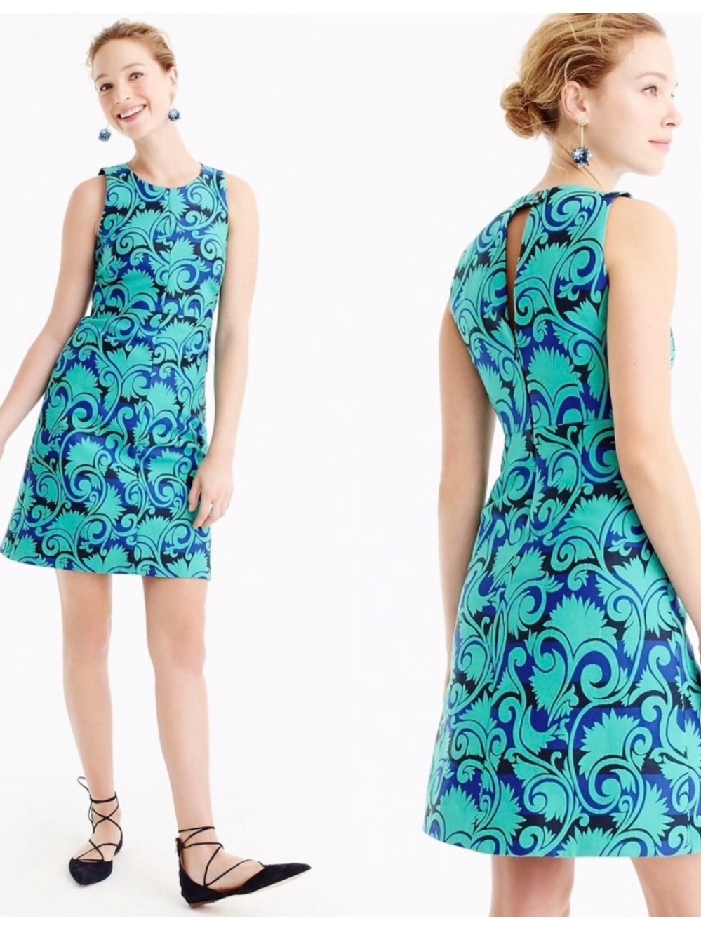 J. Crew Vineyard Jacquard A-Line Dress - Kelly Green and Royal Blue